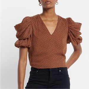 Express Brown Puff Sleeve Polka Dot V Neck‎ Blouse Size Small